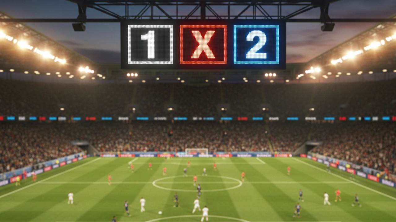 Voetbalveld met scorebord dat 1X2 opties toont tijdens een wedstrijd