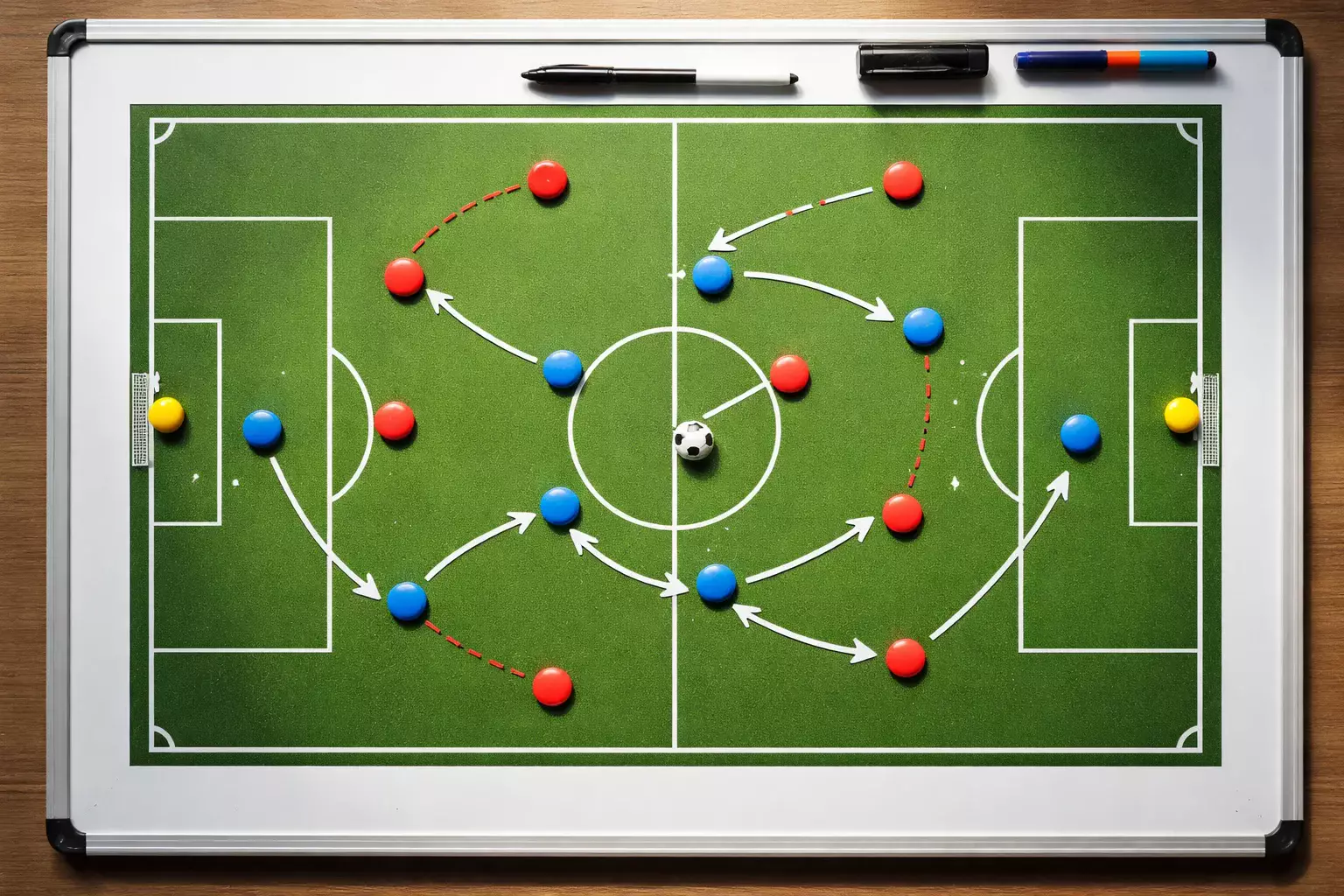 Voetbalveld met tactische pijlen voor wedstrategie