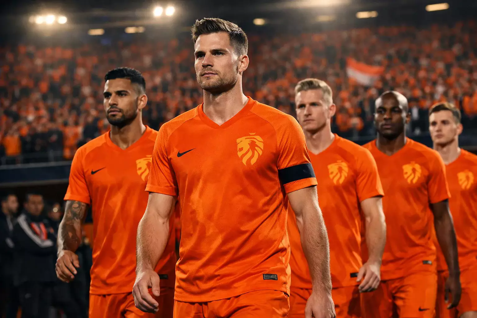 Nederlands elftal in oranje shirts tijdens een interland