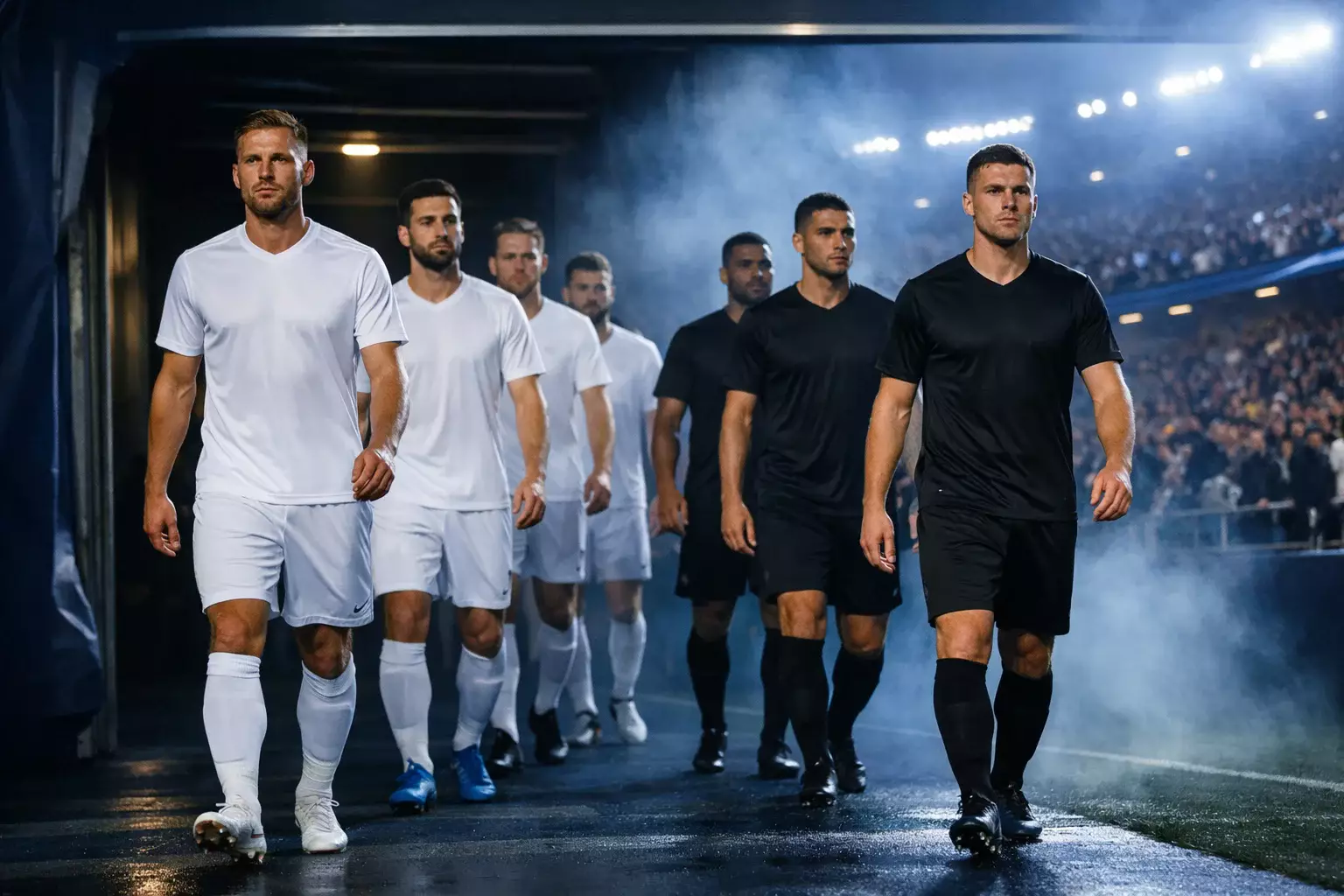Voetballers lopen het veld op tijdens Champions League avond