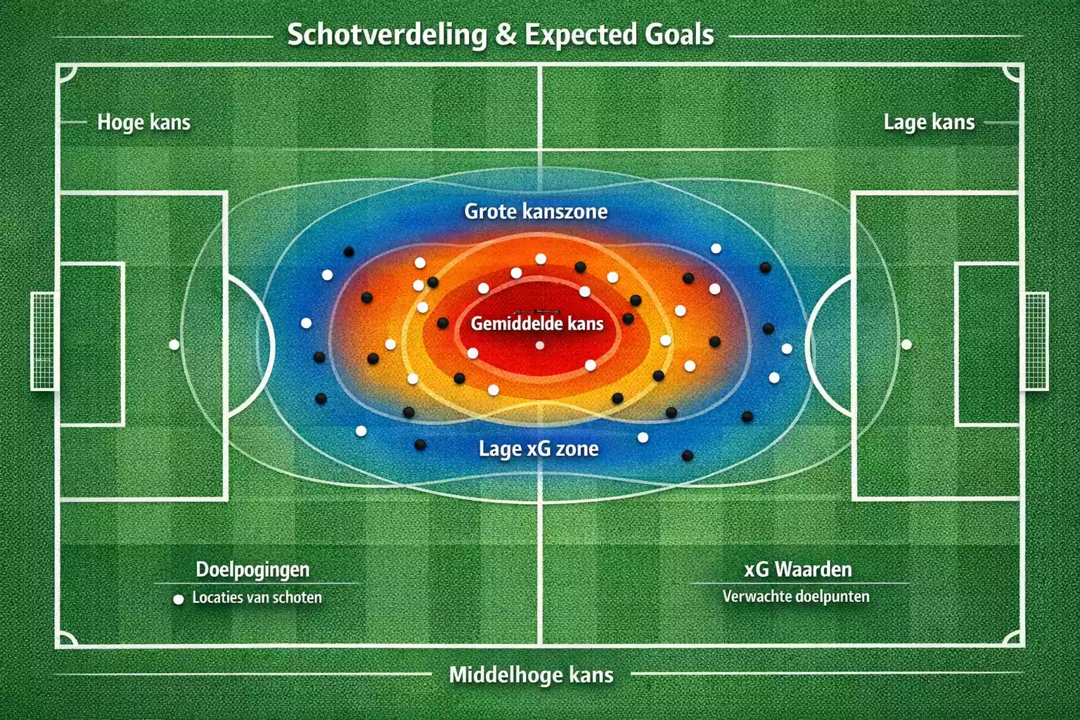 Voetbalveld met expected goals visualisatie