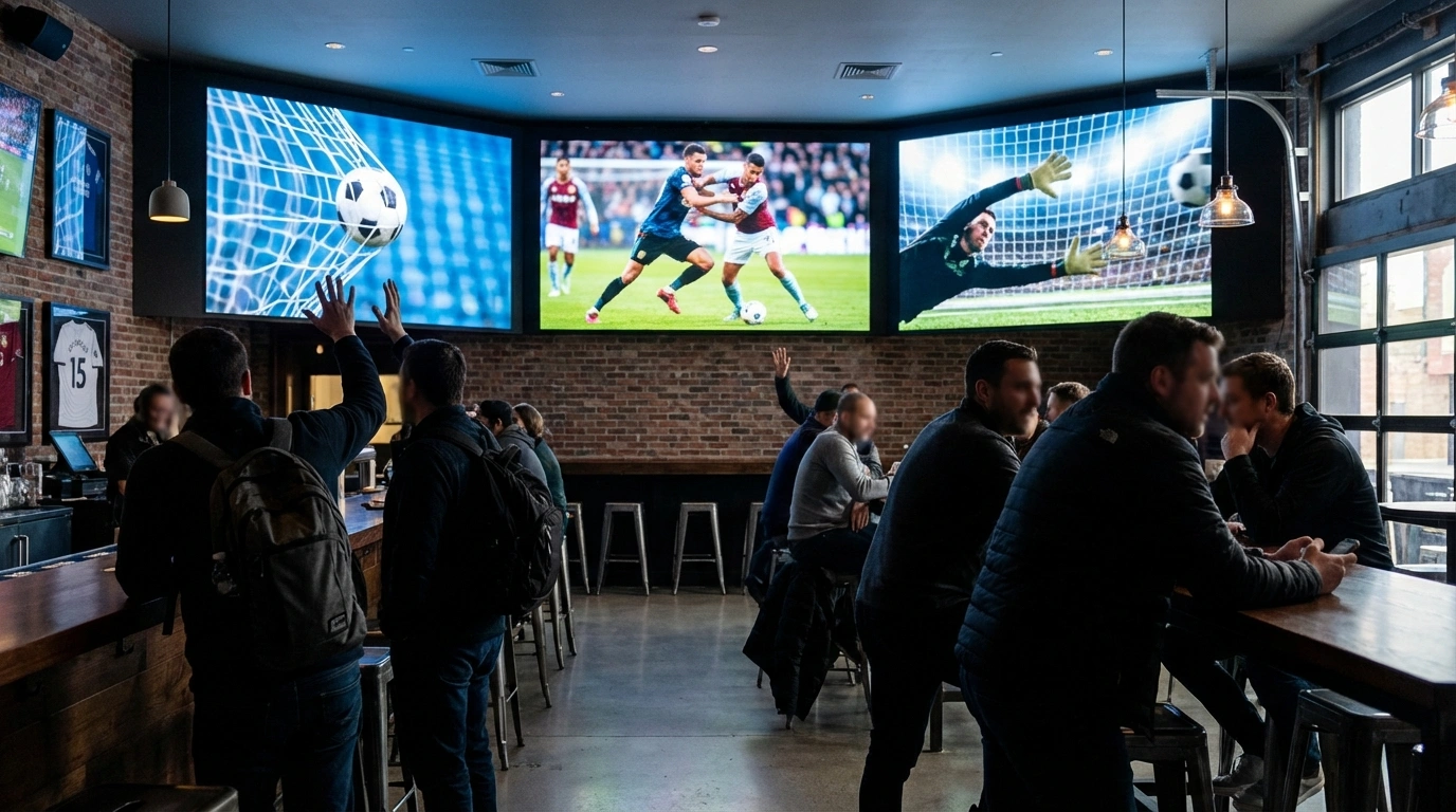 Meerdere voetbalwedstrijden tegelijk op schermen in een sportbar