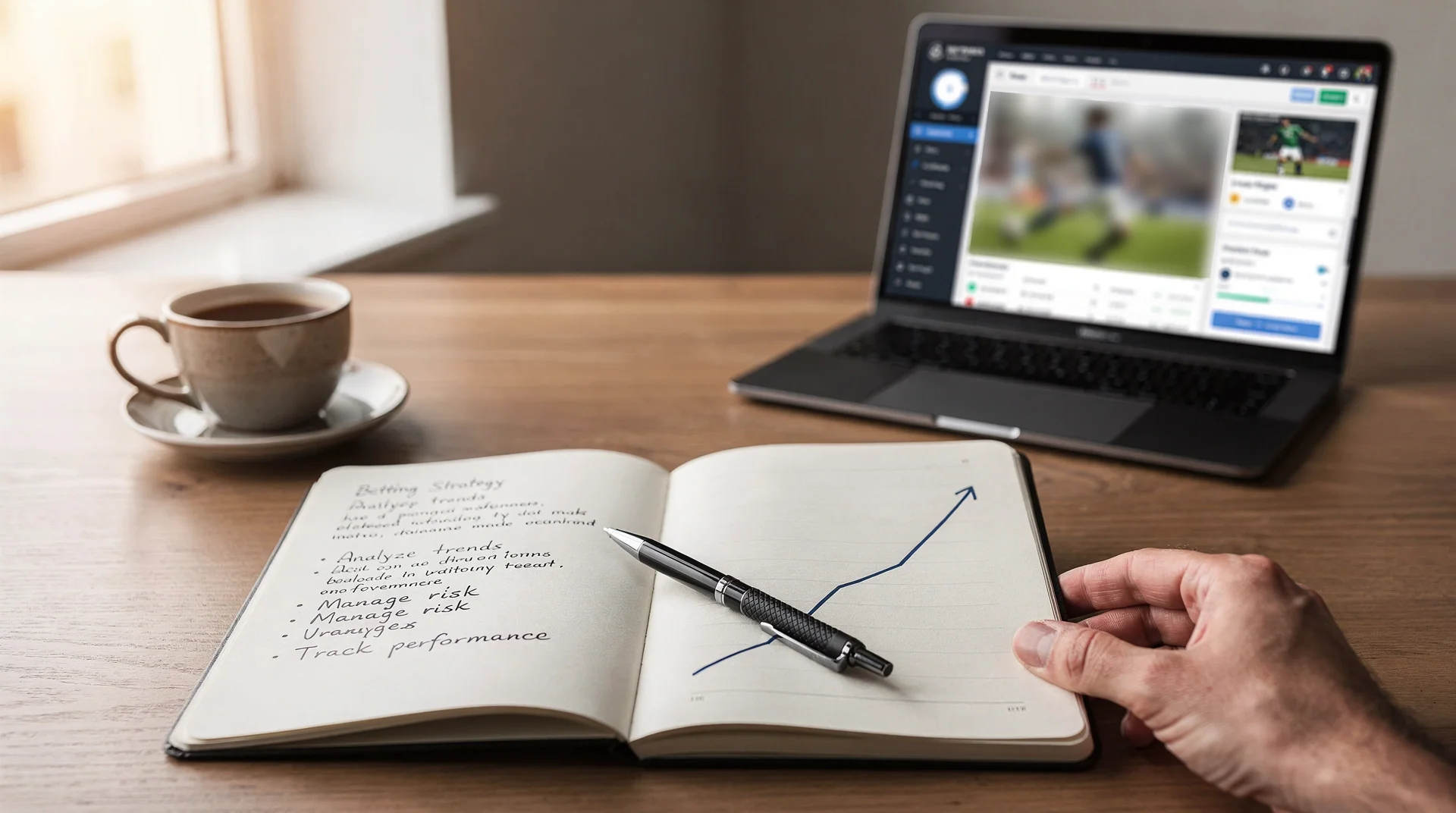 Georganiseerd notitieboek met wedstrategie en pen op een bureau