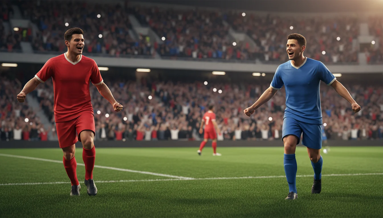 Twee voetballers van verschillende teams die beiden juichen na een doelpunt