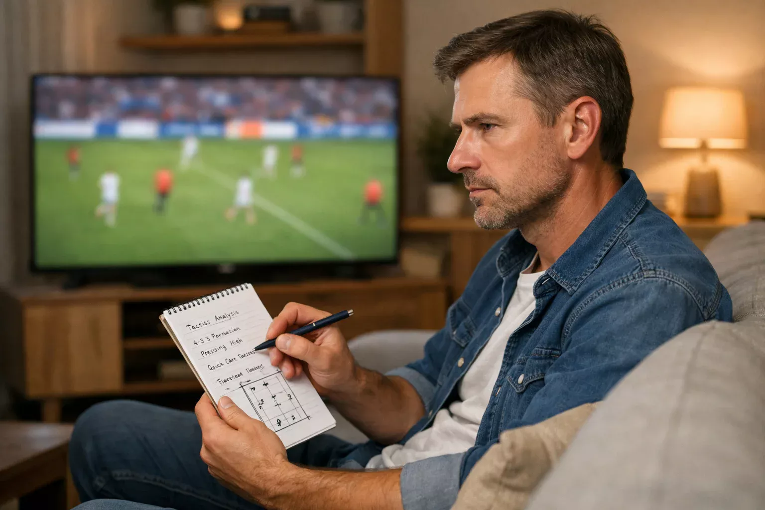 Persoon maakt notities terwijl hij voetbalwedstrijd analyseert