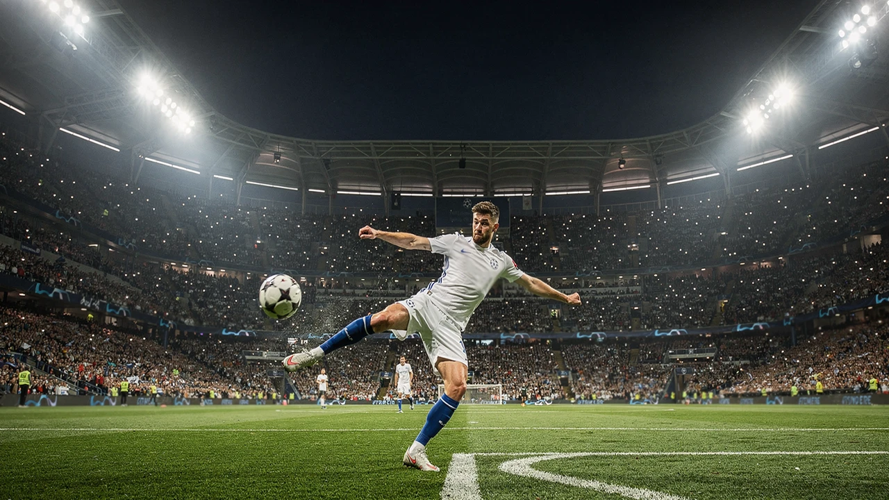 Champions League avondwedstrijd in een Europees stadion met felle verlichting