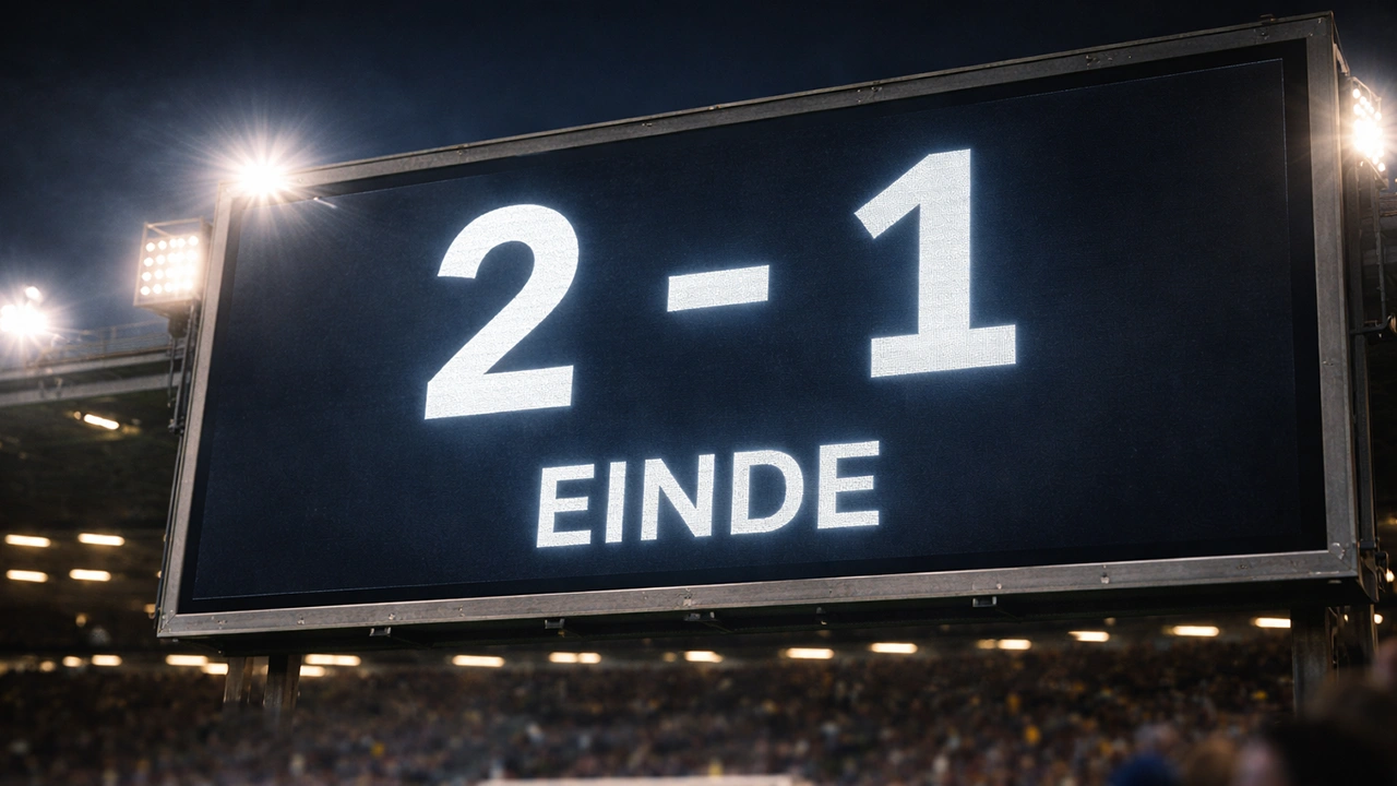 Elektronisch scorebord in voetbalstadion met eindstand 2-1