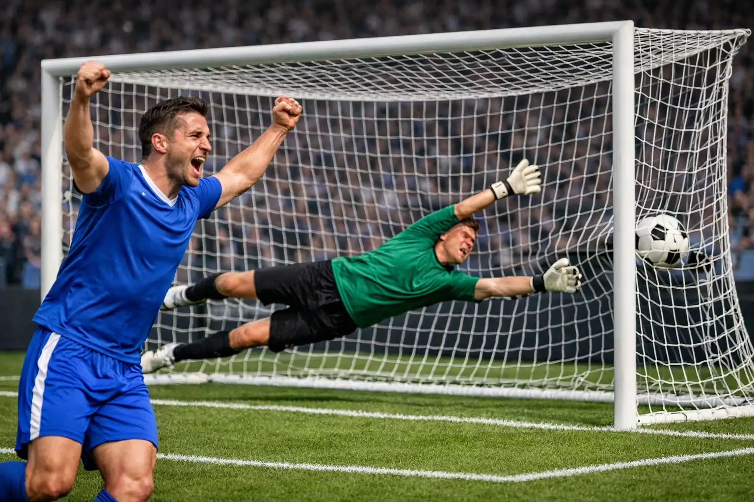 Voetballer scoort doelpunt terwijl keeper duikt