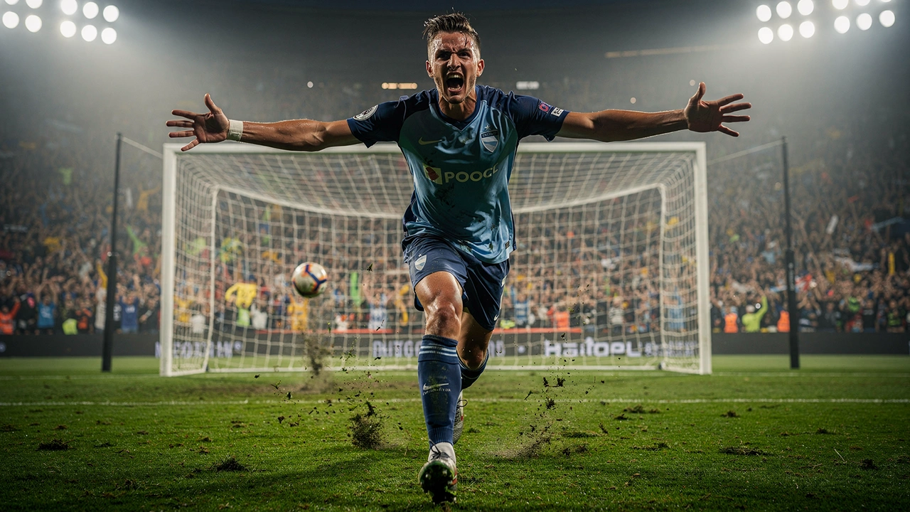 Voetbalspits die juicht na het scoren van een doelpunt