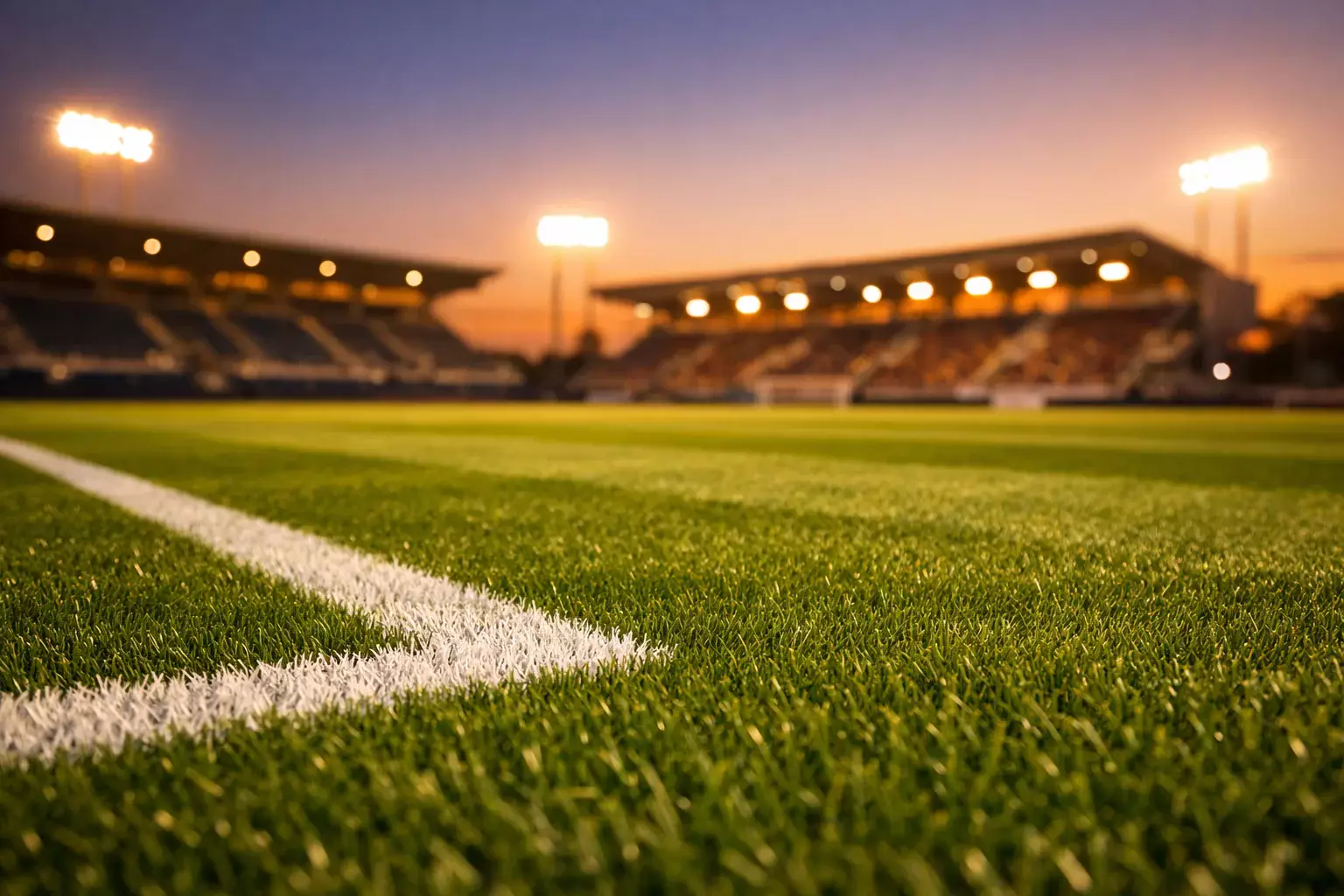 Professioneel voetbalveld met grasmat en stadionverlichting