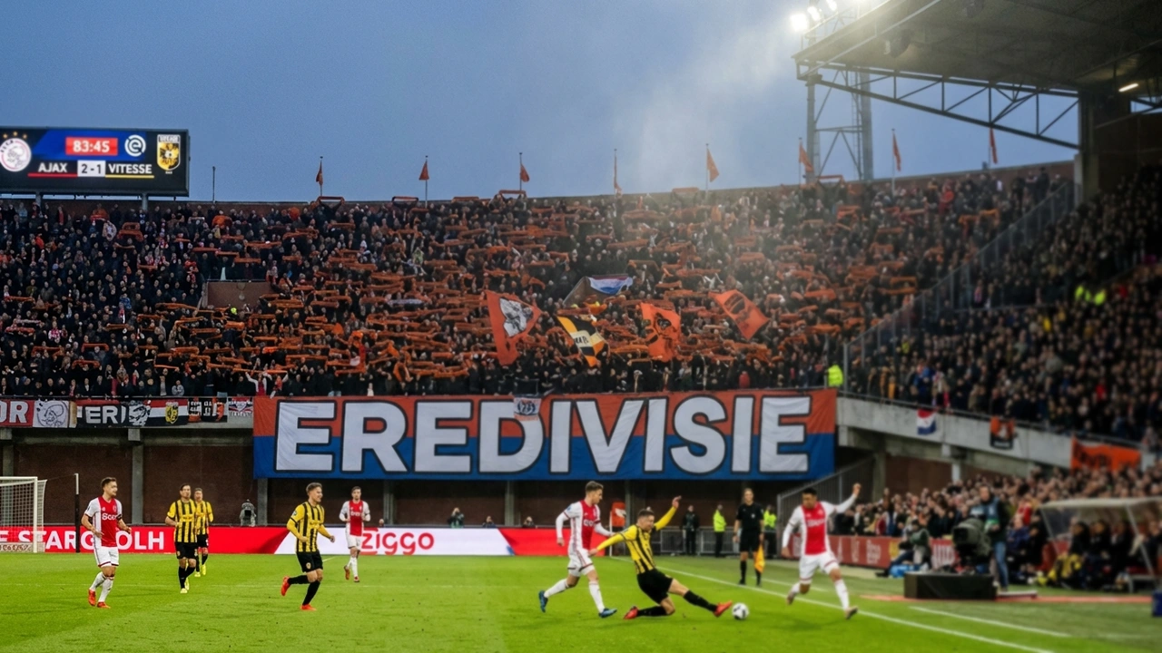 Nederlands voetbalstadion met Eredivisie wedstrijd in volle gang