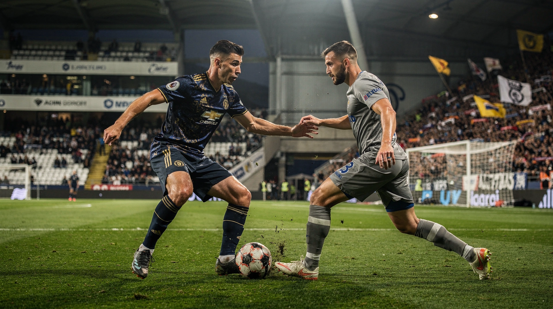 Voetbalwedstrijd tussen topclub en underdog met contrasterende supporters