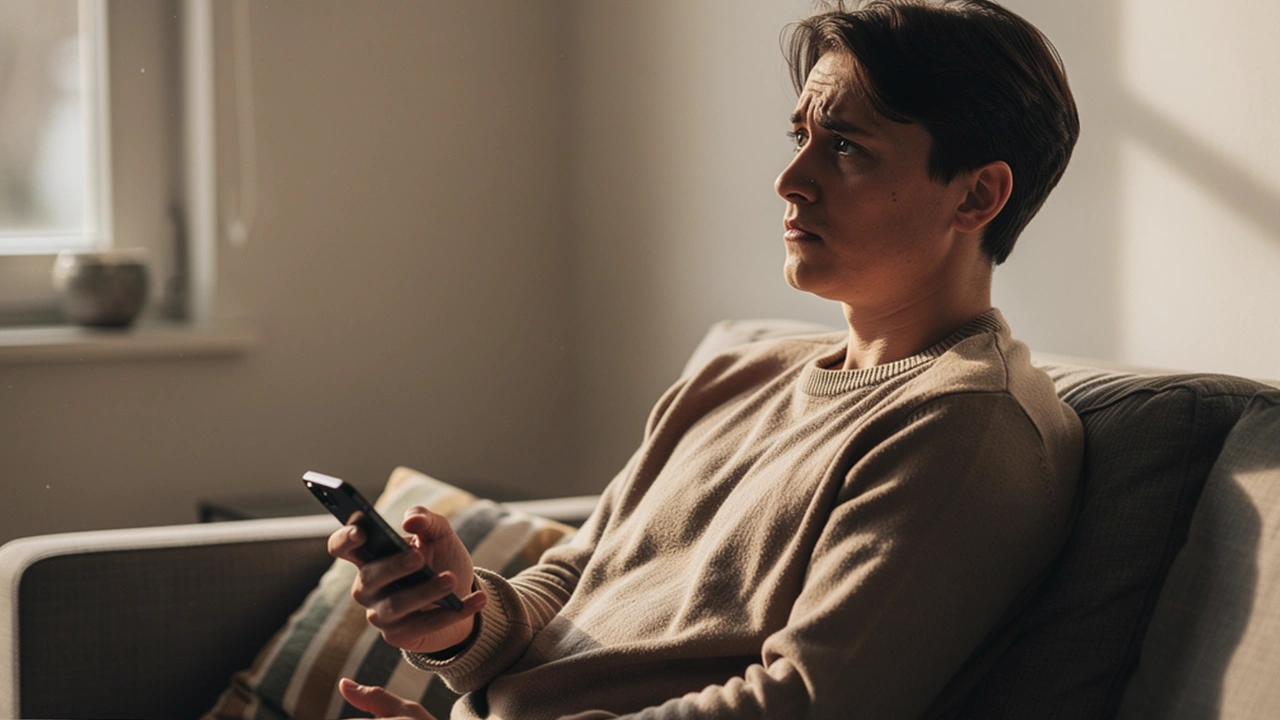 Bezorgd persoon in gedachten verzonken met smartphone in de hand