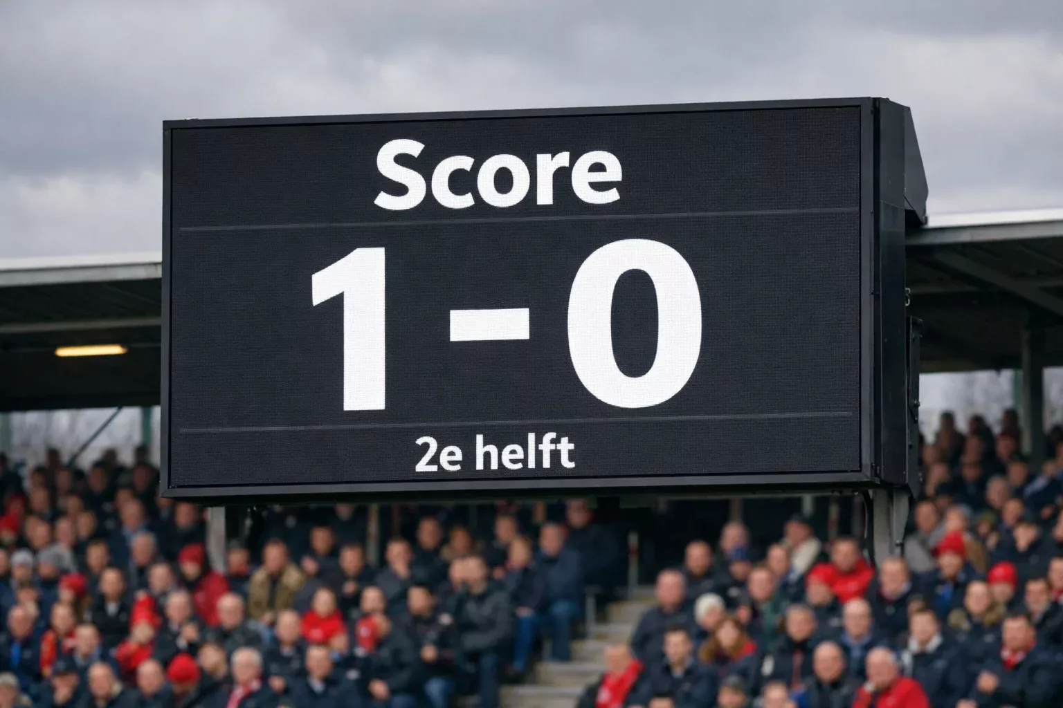 Scorebord toont wedstrijdstand tijdens voetbalwedstrijd