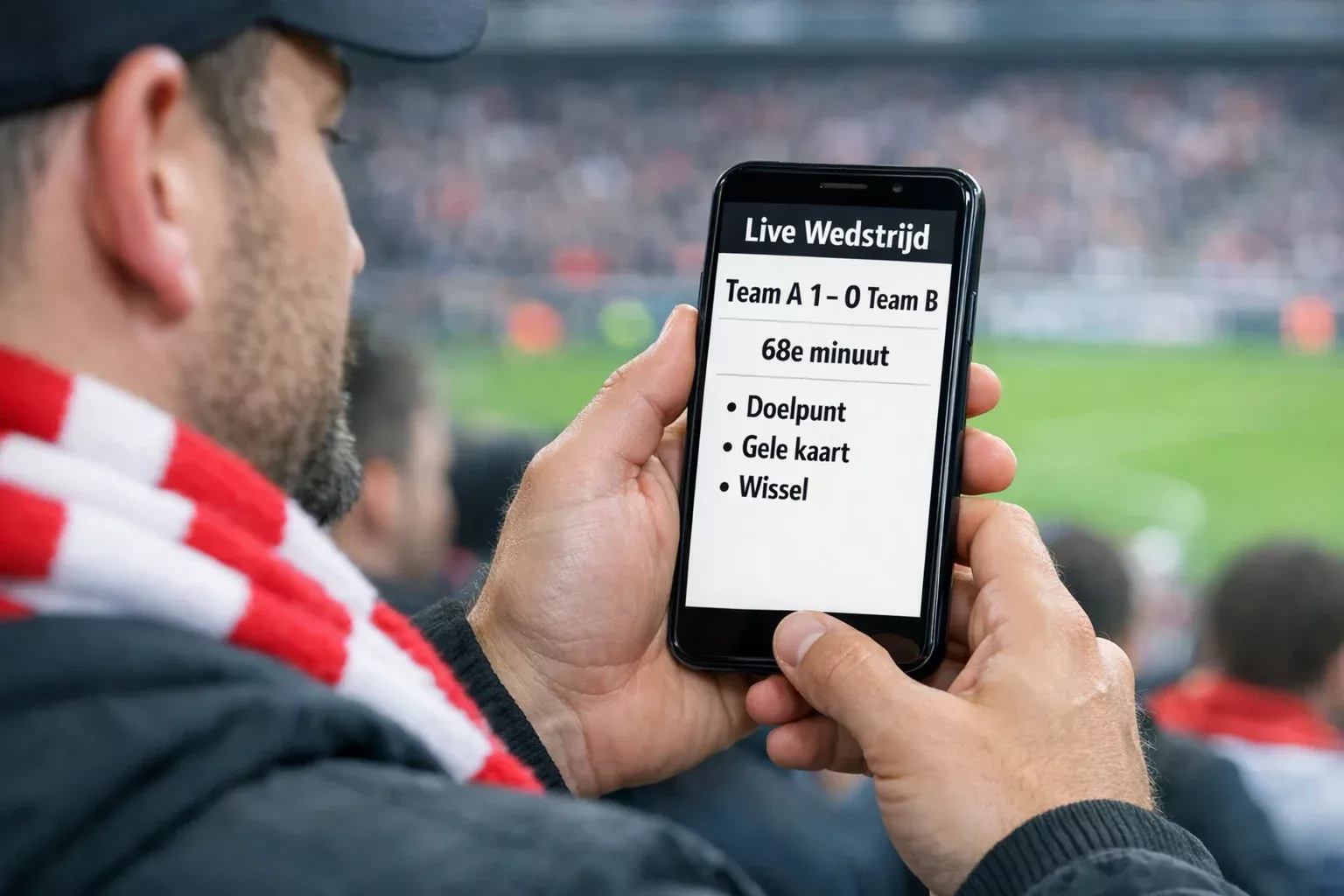 Fan volgt voetbalwedstrijd op smartphone in stadion