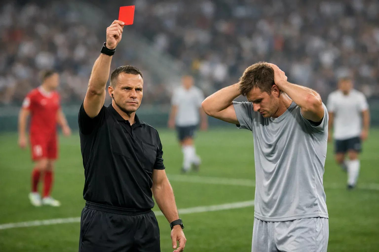 Scheidsrechter toont rode kaart aan voetballer op grasveld