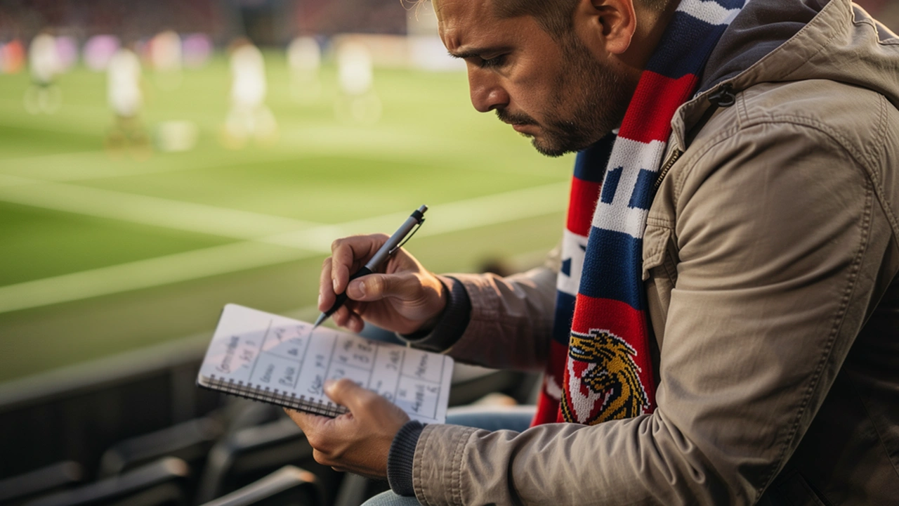 Supporter die gefocust naar voetbalwedstrijd kijkt met notitieblok