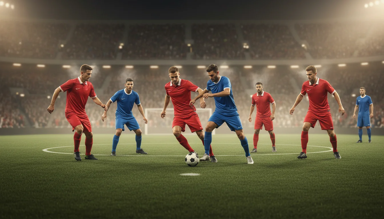 Voetbalwedstrijd in vol stadion met spelers in actie op het veld