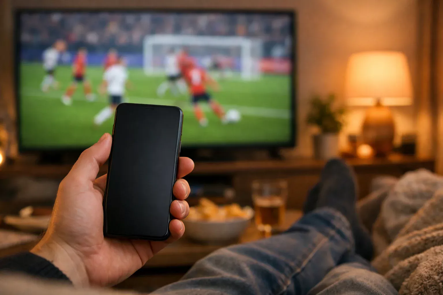Voetbalwedstrijd op televisie met smartphone in de hand