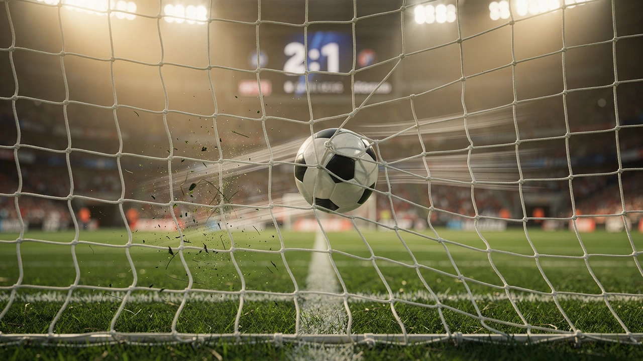 Voetbal die in het doel vliegt met scorebord op achtergrond