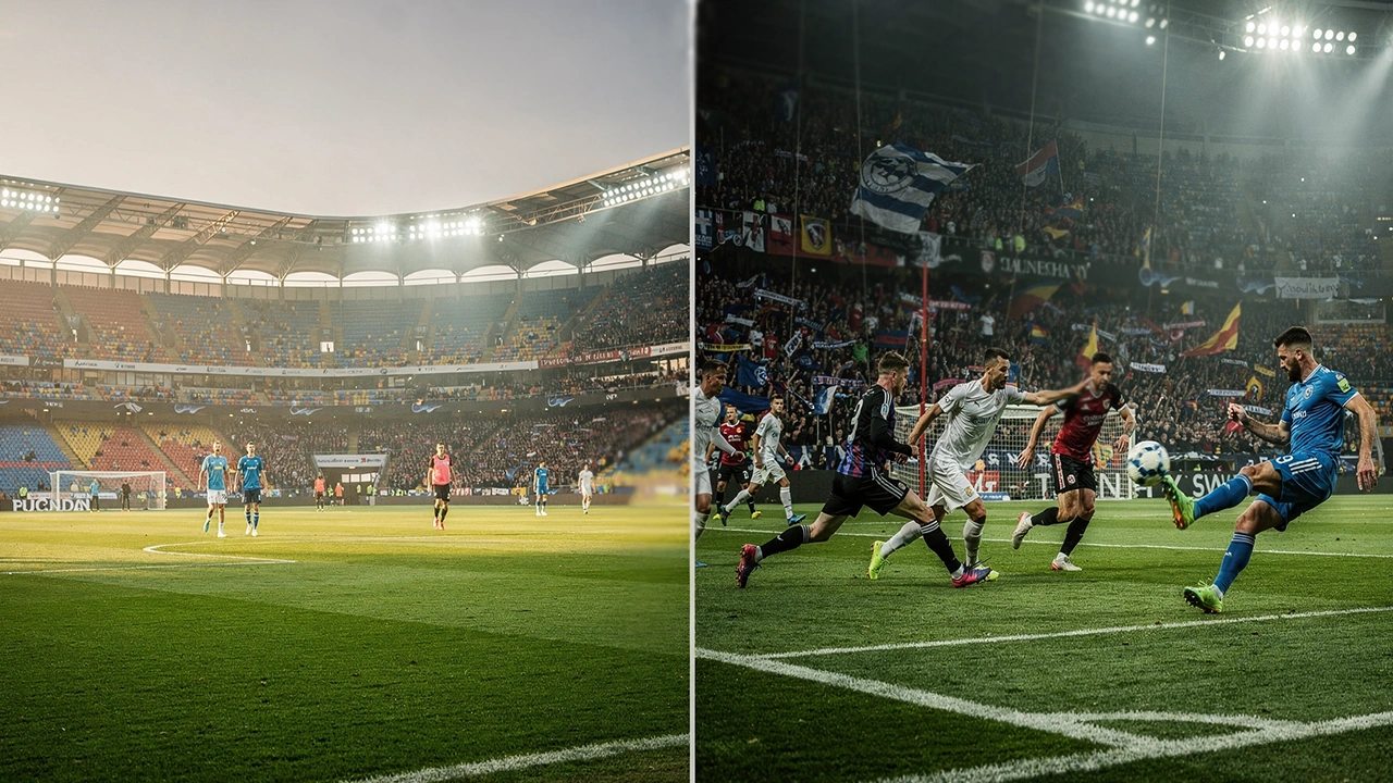 Gesplitst beeld van voetbalanalyse voor wedstrijd en live actie in stadion