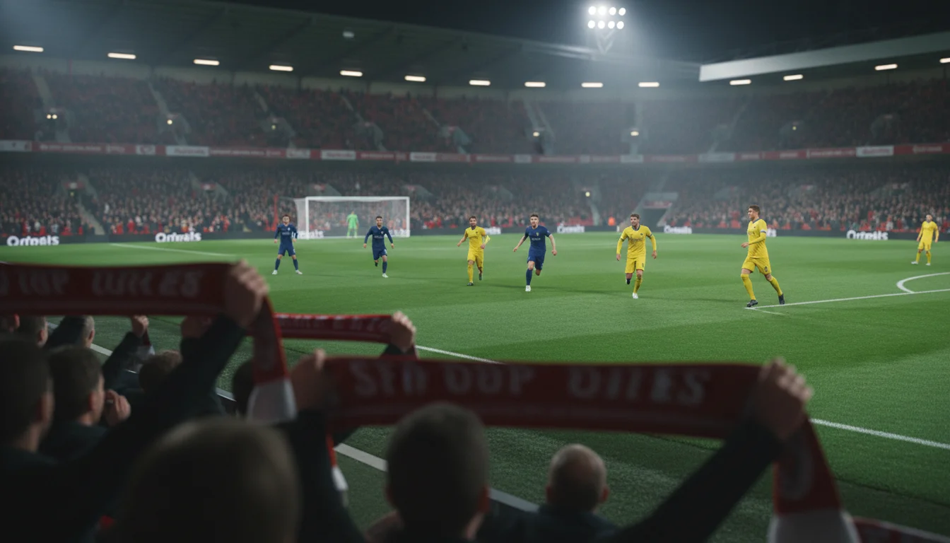 Premier League voetbalwedstrijd in een vol Engels stadion onder de schijnwerpers