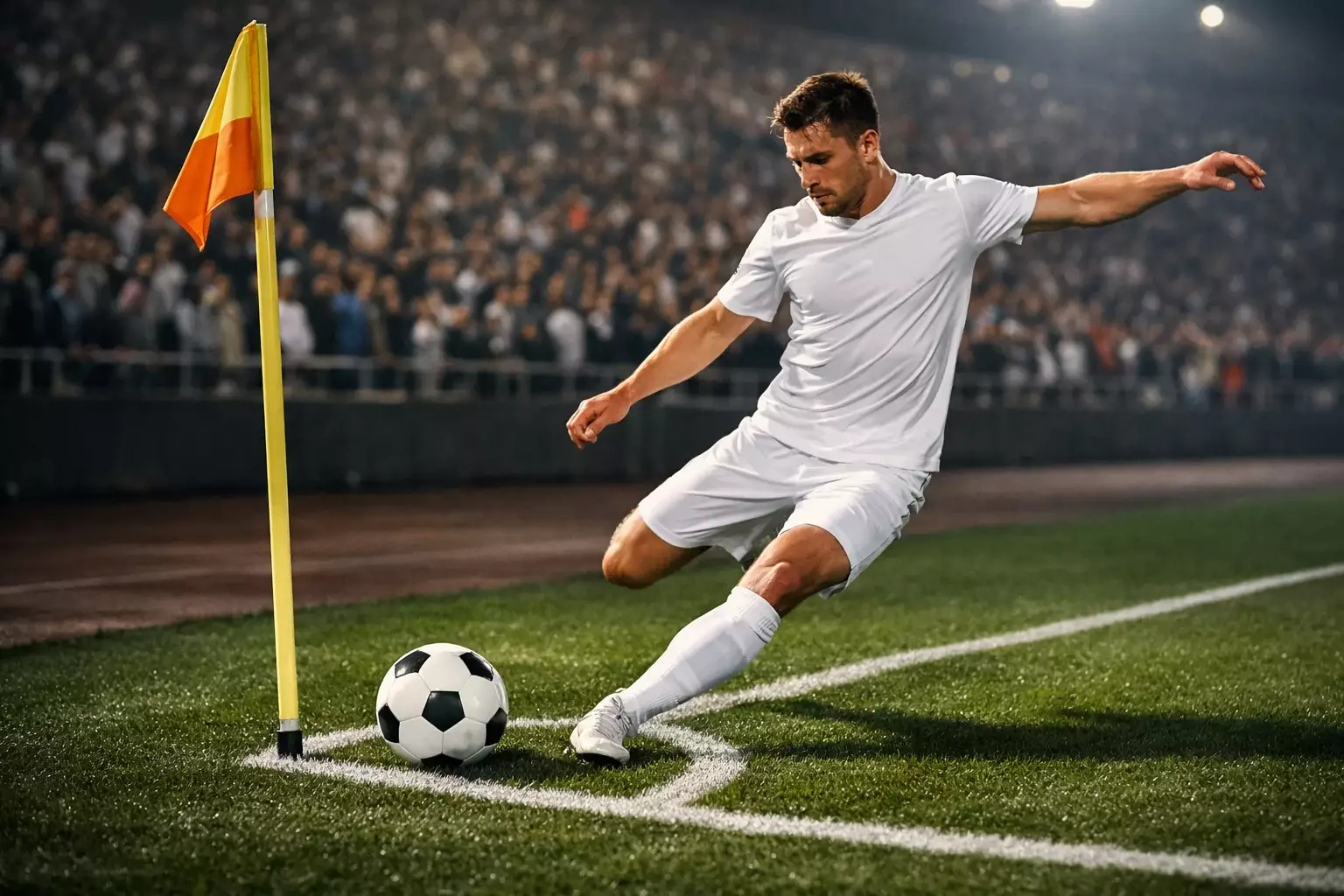 Voetbalspeler neemt hoekschop tijdens professionele wedstrijd