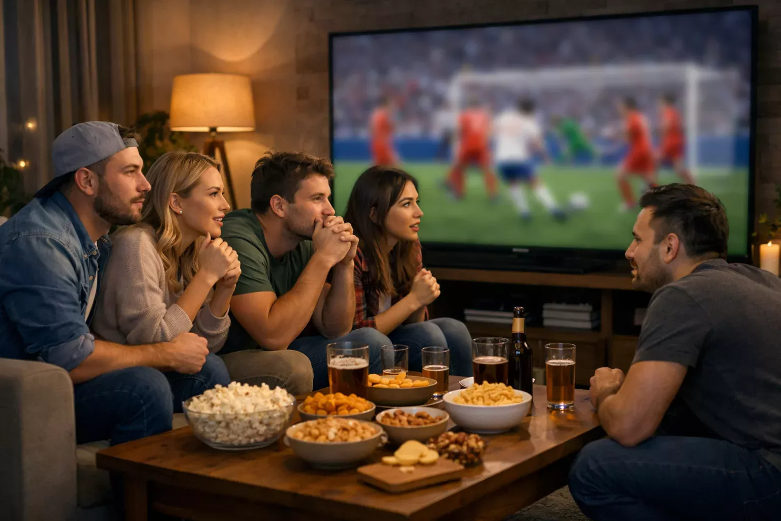 Groep vrienden kijkt gespannen naar voetbalwedstrijd op groot scherm