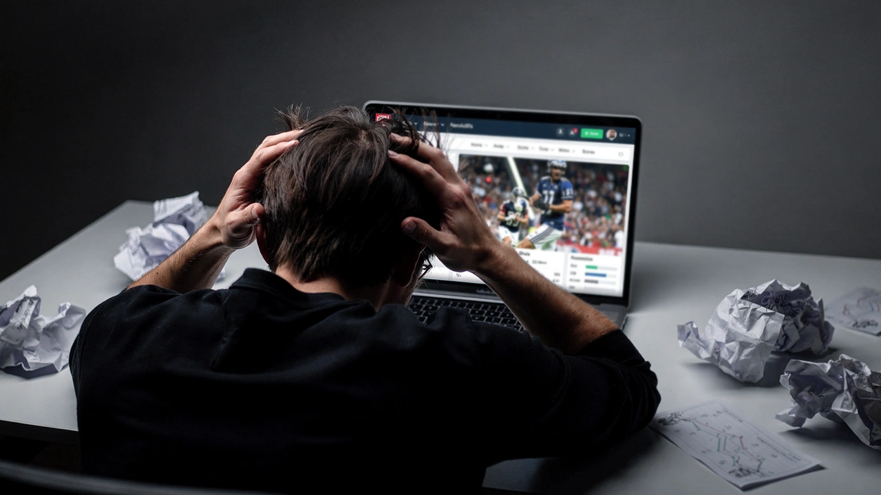 Gefrustreerde wedder met hoofd in handen voor laptop met sportweddenschappen