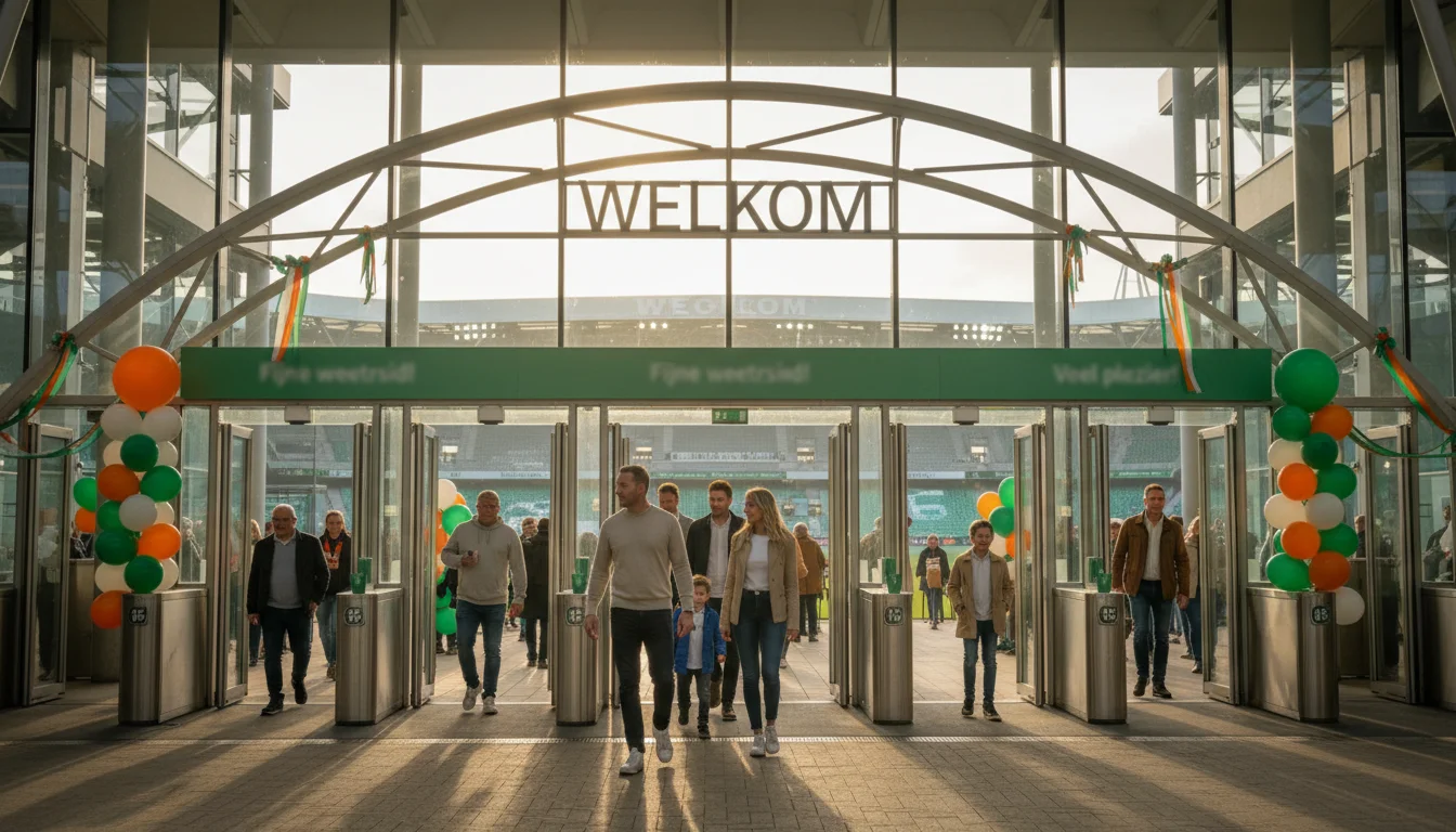 Welkomstbord bij voetbalstadion met feestelijke sfeer