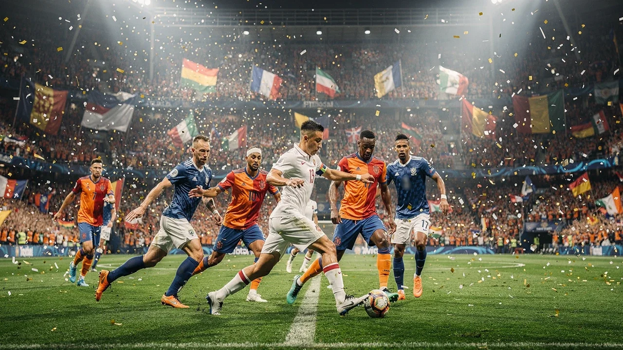 Internationale voetbalwedstrijd met nationale vlaggen en juichende supporters